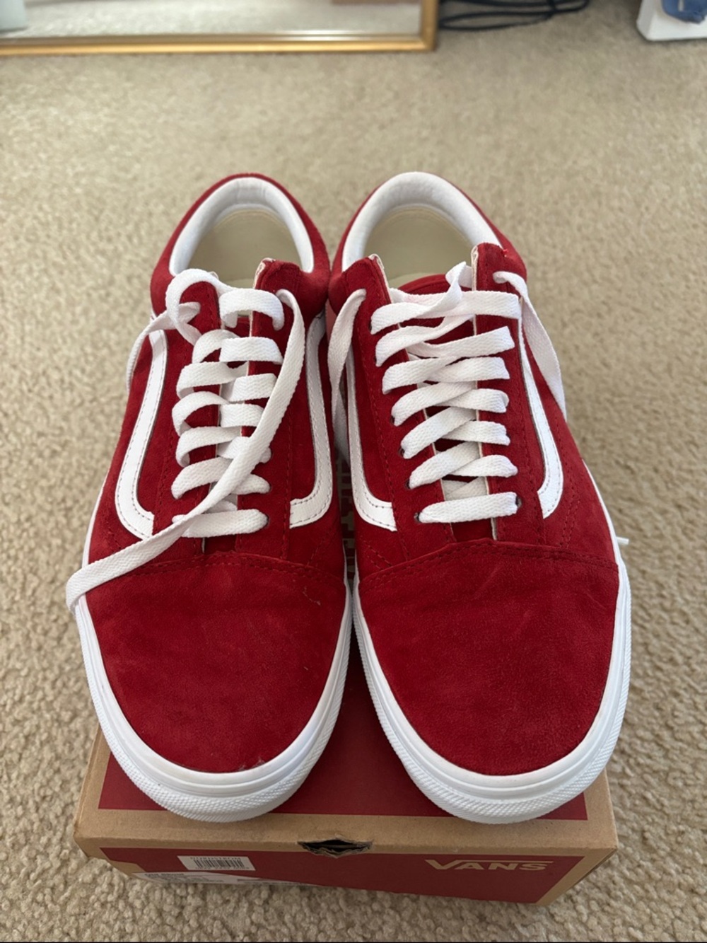 Brand New Vans Red Suede Low-Top Sneakers with White Stripe